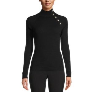 Anne Klein Button-Trim Ribbed Mock Neck Sweater Black LARGE